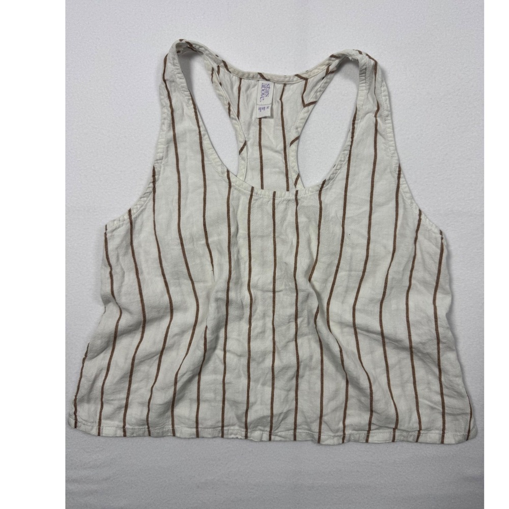 Coastal Stars Above Linen‎ Blend Striped Racerback Tank Top Womens Medium White